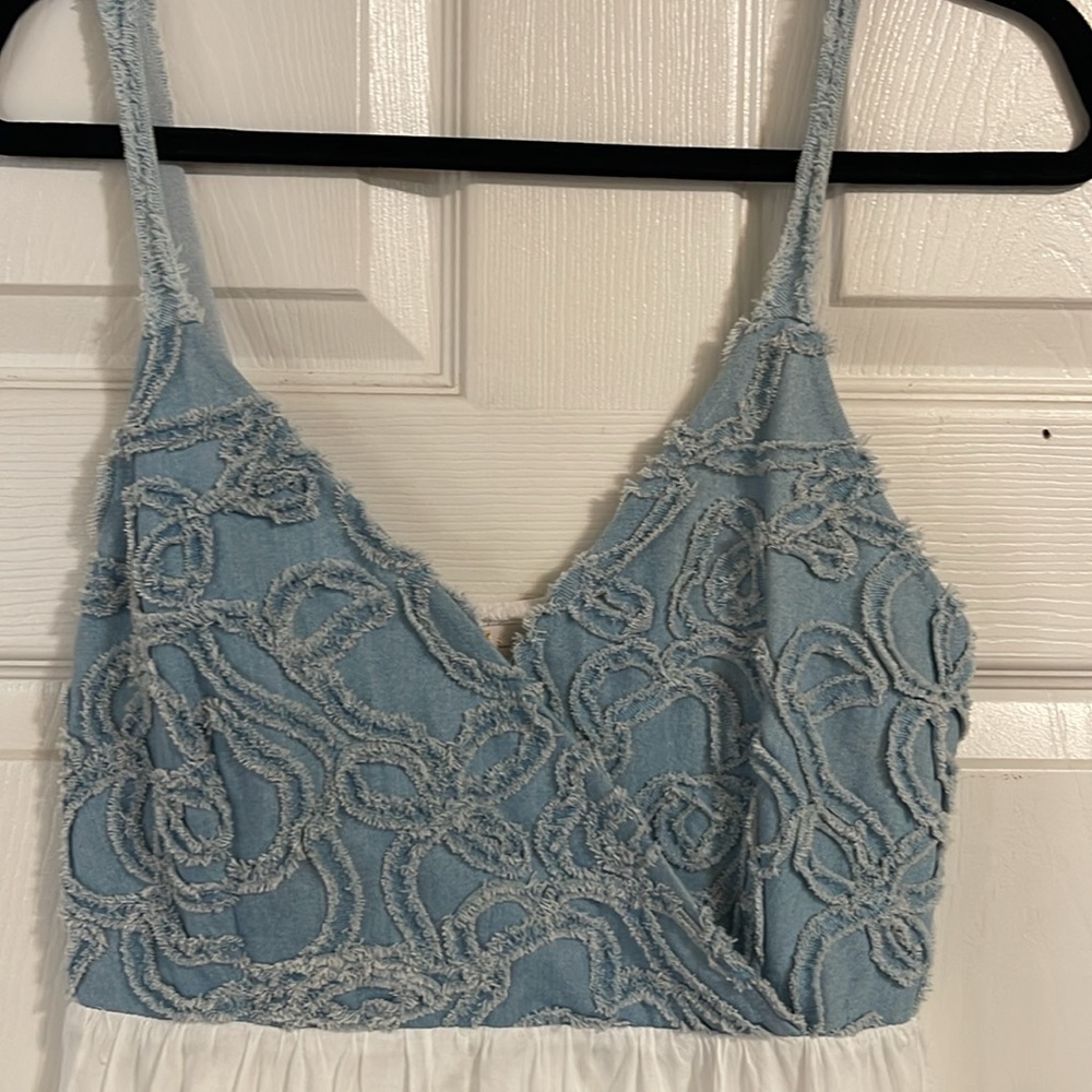 SOLD - Sexy Frayed Denim and White Cotton Sundress - Picture 3 of 12